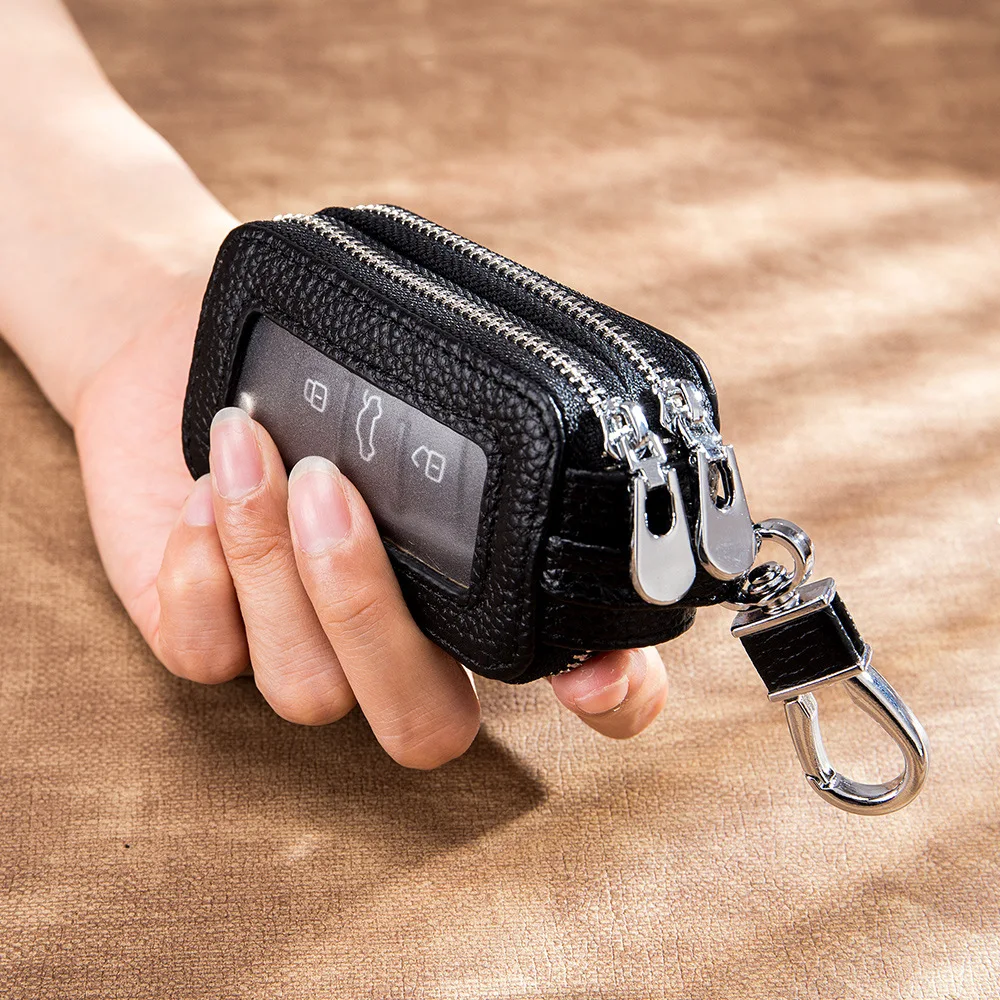 Genuine Leather Car Key Holders Housekeeper Double Zipper Key Case