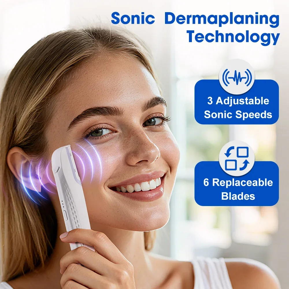 Women's Sonic Rechargeable Razor Facial Shaver with Light 6 Replaceable Blades Electric Shaver Exfoliation & Fuzz Hair Remover