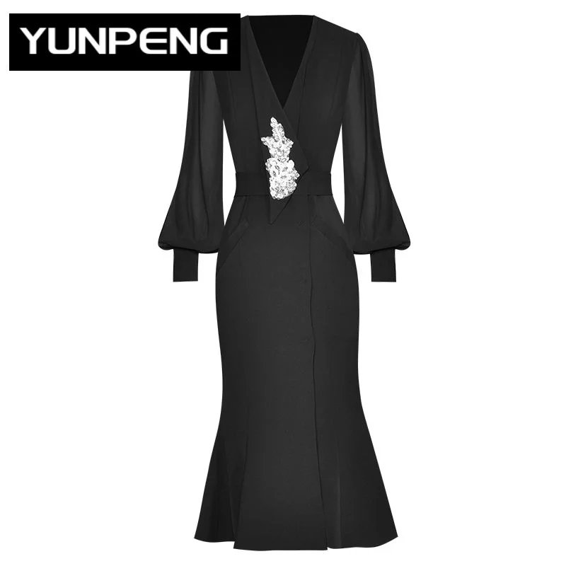 

Mermaid V-neck Lantern Sleeve Crystal Diamonds Lace Up Vintage Black Midi Dresses For Women 2022 Luxury Designer Autumn Runway