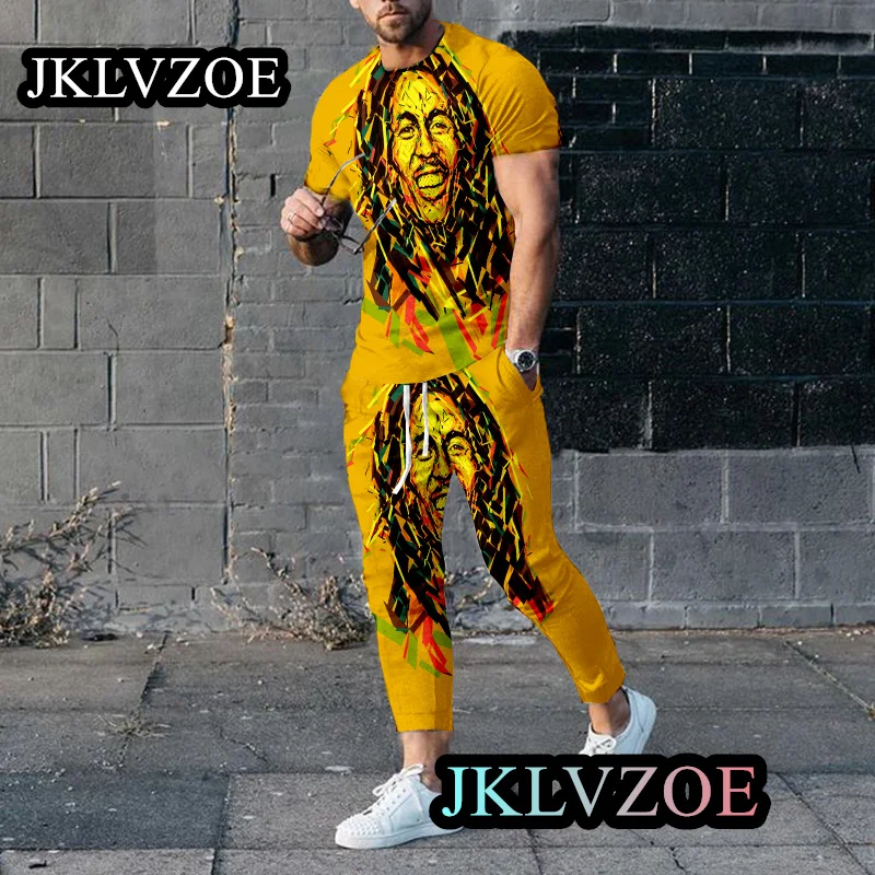 Men's Summer Bob Marley Tracksuit Sets One Love T-Shirt Pants Set Male Fashion Suit Casual Vintage Outfit Reggae Music Clothing