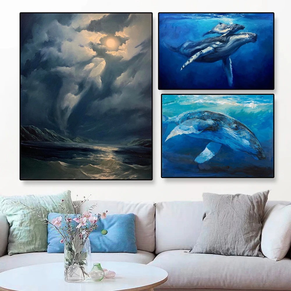 Modern Whale Canvas Painting Blue Sea Whale Print Whale Wave Bagno Wall Decor Per La Decorazione Della Parete Del Soggiorno Di Casa