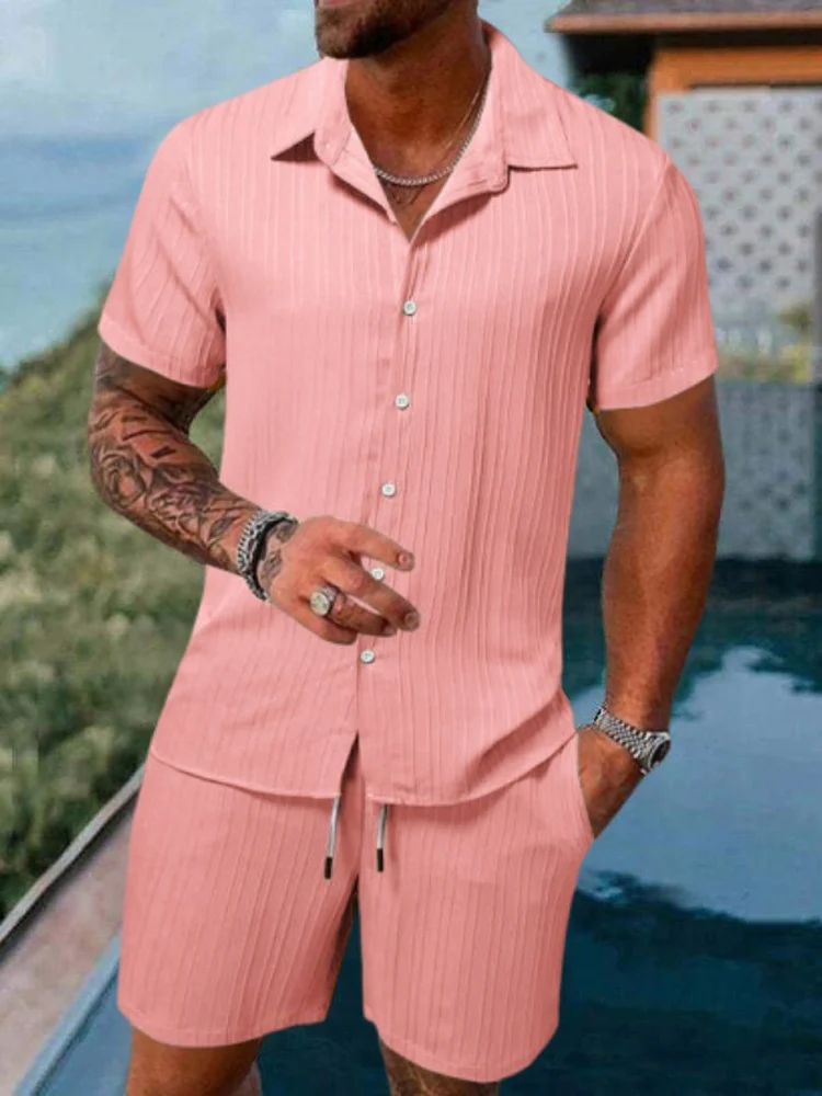 Mens Summer Short Sleeve Button Shirt and Wide Leg Shorts Set