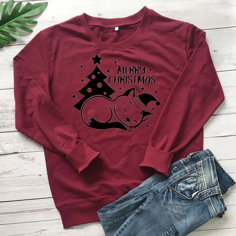 Christmas Cat, Merry Sweatshirt Holiday Gift Family 100% Cotton Solid Thicken Warm Women Sweatshirts Lady Fashion Drop shipping
