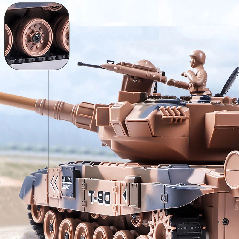Robot Tank T90/T60 RC Blindé 2.4GHz - Jouet de Combat avec Effets Lumineux et Sonores en action, tirant des projectiles lumineux.