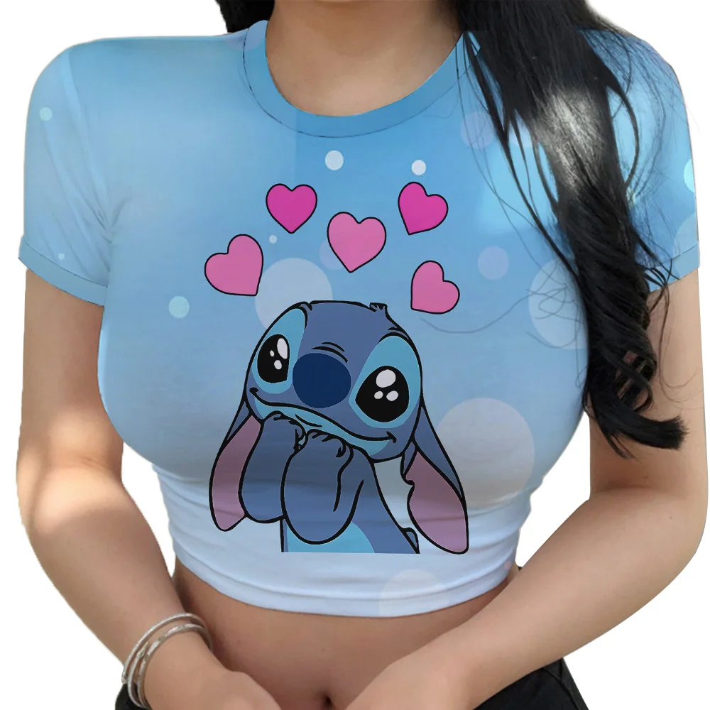 Hot Sale Women's Red T shirts Summer 2024 Fashion Disney Stitch Crop Top Harajuku Y2k New Sweet T-shirt Clothing Kawaii Clothes 5