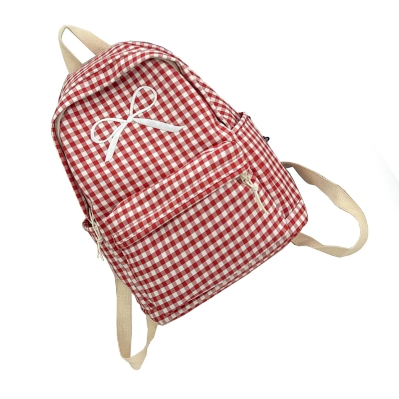 Japanese Women Girl Checkered Pattern Backpack Large Capacity Bowknot School Bag Book Bag for Everyday Use