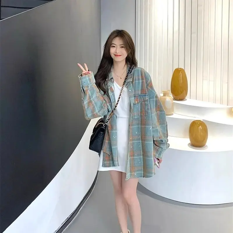 

2024 Spring and Autumn New American Lazy Splash Ink Checkered Shirt Coat Women's Loose and Unique Design Sense Top Commuting S47