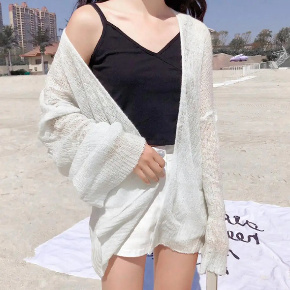 

Summer Knitted Cardigan Cardigan Lazy Loose Hollow Long-sleeved Sweter Air-conditioned Cardigan Color Cropped Soild Shirt Q2X7