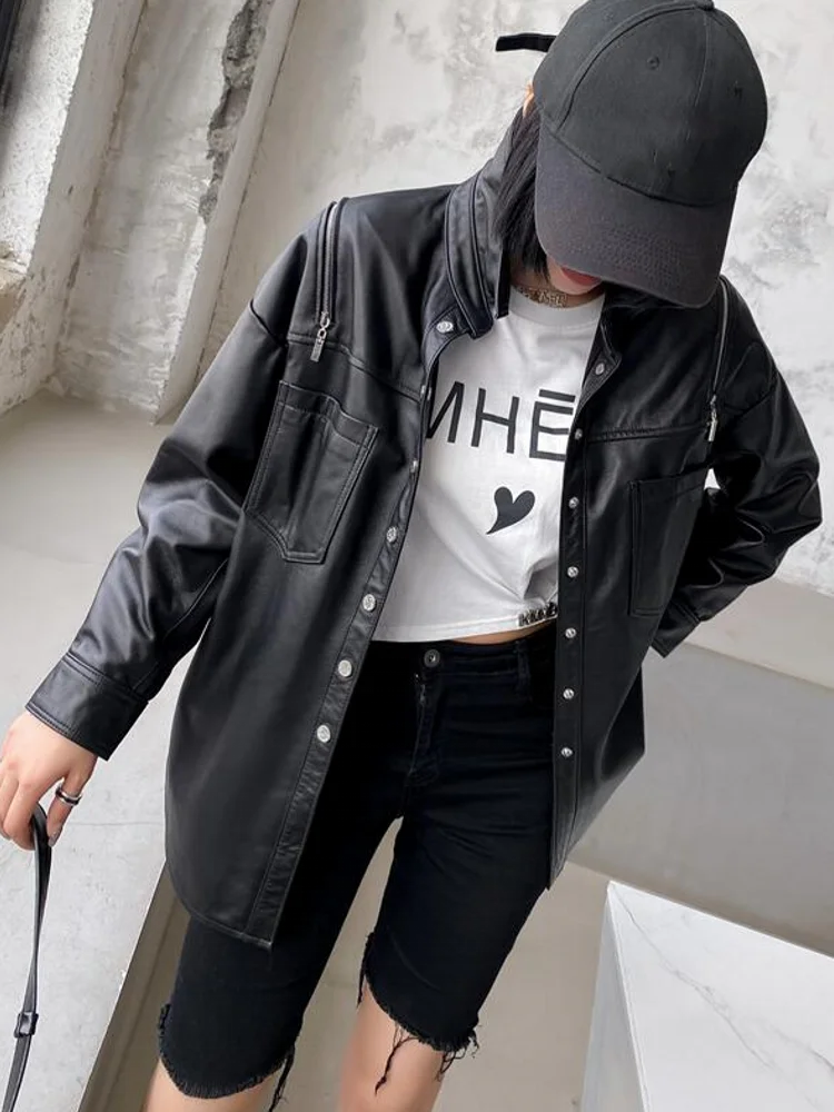 

2023Leather coat, Women Loose Fit Sheepskin Genuine Leather Jacket Zip Sleeve Mid Long Top Single Breasted Casual Streetwear Coa