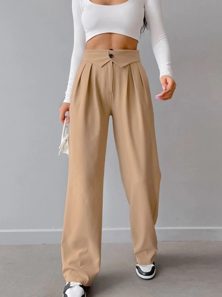 

Davestis Autumn Solid Women Suit Pants Casual Button Zipper Pleated Baggy High Waist Pants Office Lady Sreetwear Female Trousers