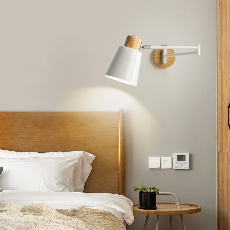 

Solid Wood Rocker Arm Wall Lamps Foldable Rotating Short Arm Lamp Minimalist Modern Study Bedroom Bedside Reading Wall Ligths