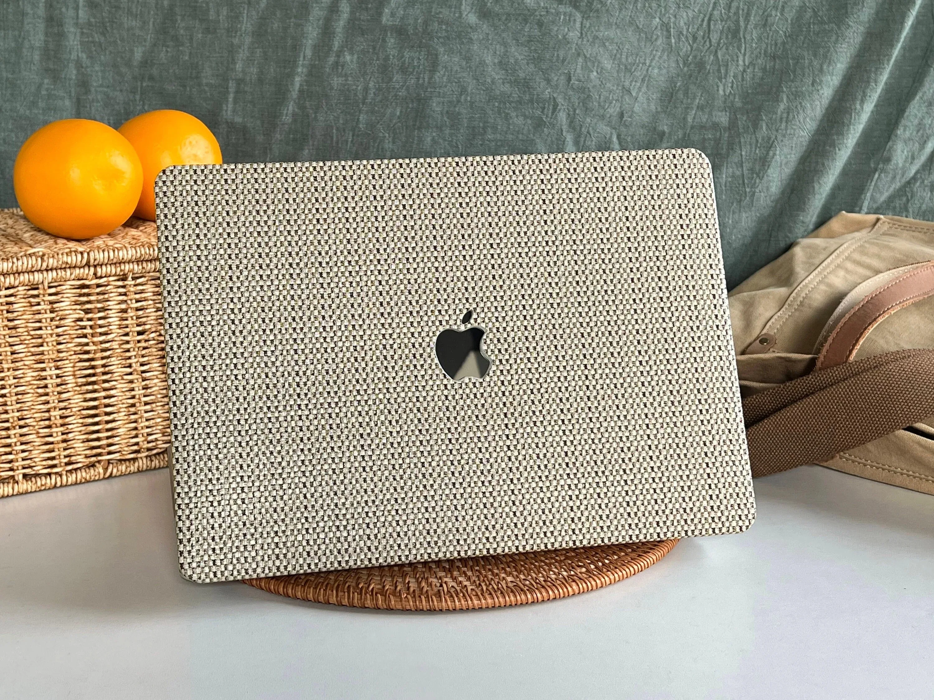 Boho Woven MacBook Case, Khaki Leather Laptop Case for MacBook Air 13 Macbook Pro 13 16 14 A2442 15 A1990 With Cutting Out Logo