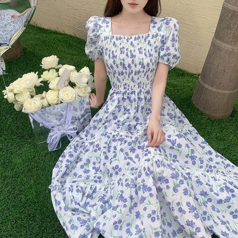 

Summer New Robe Women Fashion Loose Slash Neck Bubble Sleeve Elastic Waist Fragmented Flower Slim Breathable Long Dresses