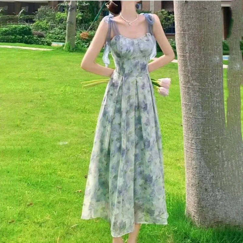 Tea Break French Sling Dress Women'S Fashion Slim Sexy Sweet Printed Waist Dress 2024 New Summer Chic Beach Long Dresses