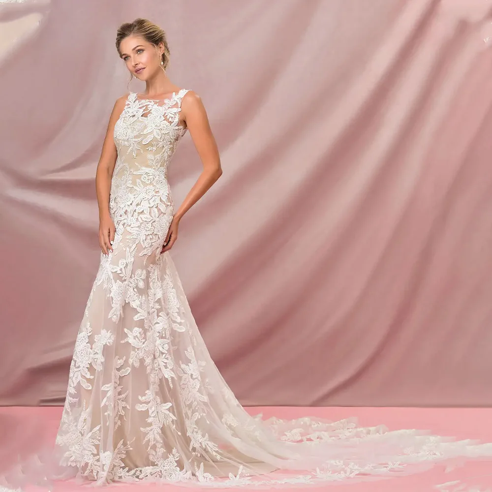 

Elegant Scoop Neckline Full Lace Applique Mermaid Wedding Dresses Sweep Train Custom Made 2025 Rode De Morrie