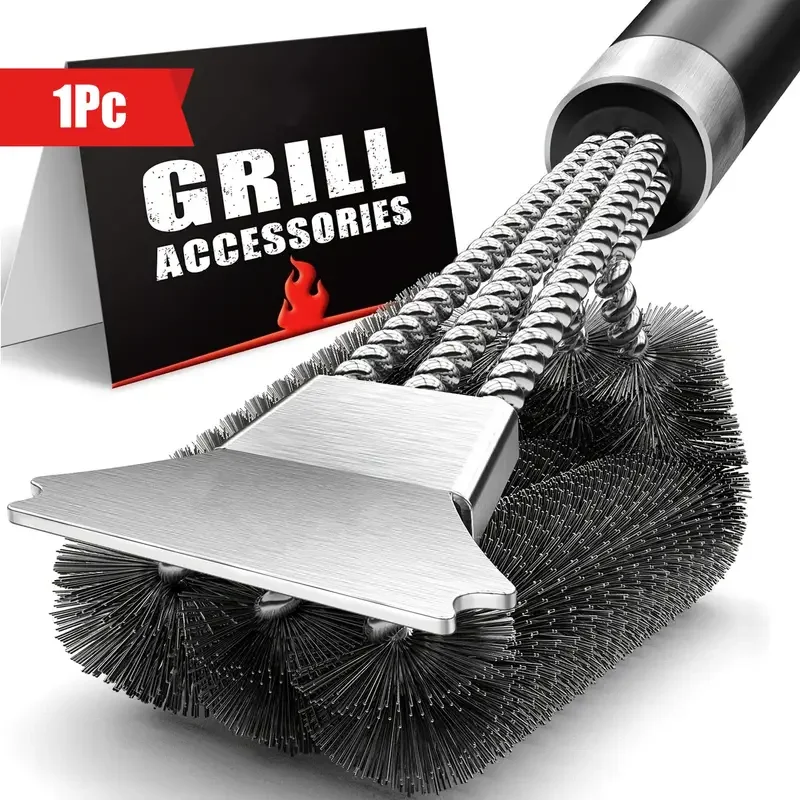 Heavy metal barbecue cleaning brush 1 piece with triple bristles barbecue grill cleaning brush outdoor cooking accessories