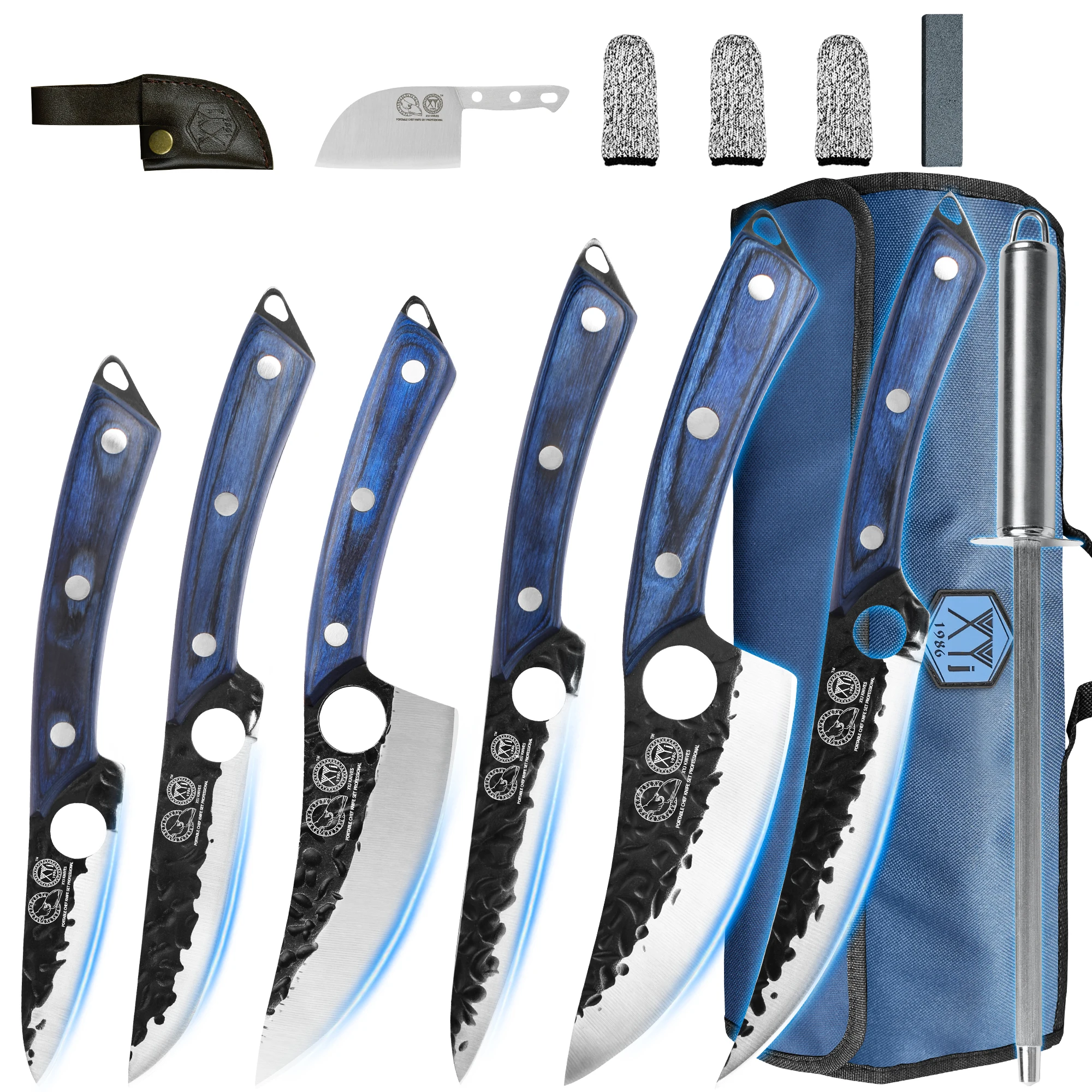 

XYj Stainless Steel Knives Tools Set 6 Pieces Fixed Blade Slicing Cooking Utility Paring Knife With Roll Bag Sharpening Bar Tool