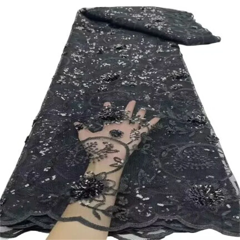 

African Lace Fabric 2023 High Quality French Mesh Lace Fabric With 3d Sequins Nigerian For Wedding Dress