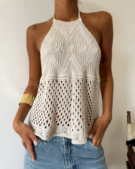 Women Halter Neck Hollow Out Crochet Knit Tank Top Sleeveless Peplum Flare Hem Cami Shirt Summer Boho Beach Backless Casual Camisole Tops