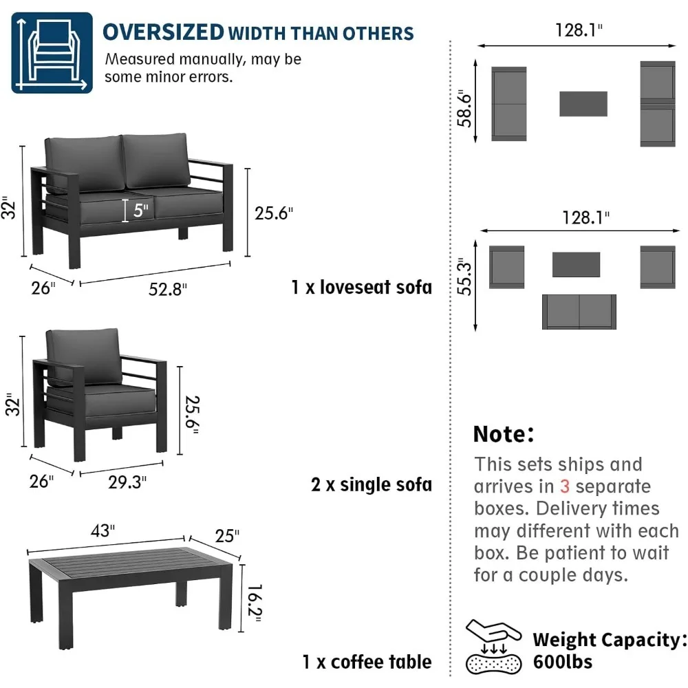 Patio Furniture Set Oversized Aluminum Outdoor Furniture Modern Patio Set, Thickness 5" Cushion Outdoor Seating Set for Balcony 5