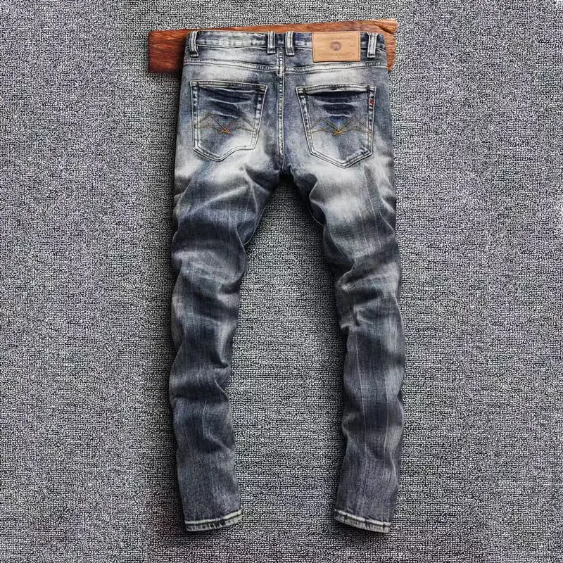 Fashion Streetwear Men Jeans High Quality Retro Washed Blue Elastic Slim Fit Ripped Jeans Men Vintage Designer Denim Pants Homme