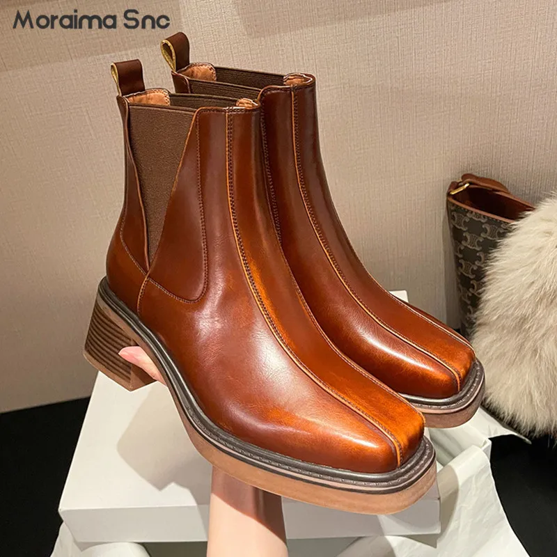 

Retro Brown Chelsea Boots Genuine Leather Square Toe Thick High Heels Thick Soled Short Boots Elastic Strap Chimney Boots