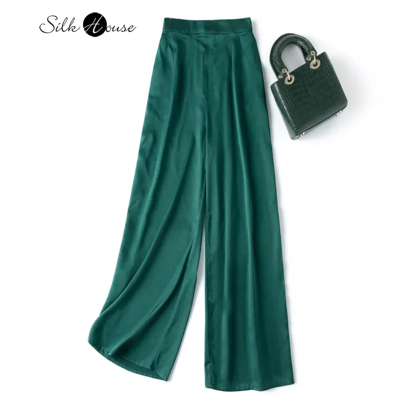 

2023 Women's Fashionable Spring/Summer New Silk Herringbone Elastic Satin Emerald Wide Leg Mulberry Silk Straight Trousers