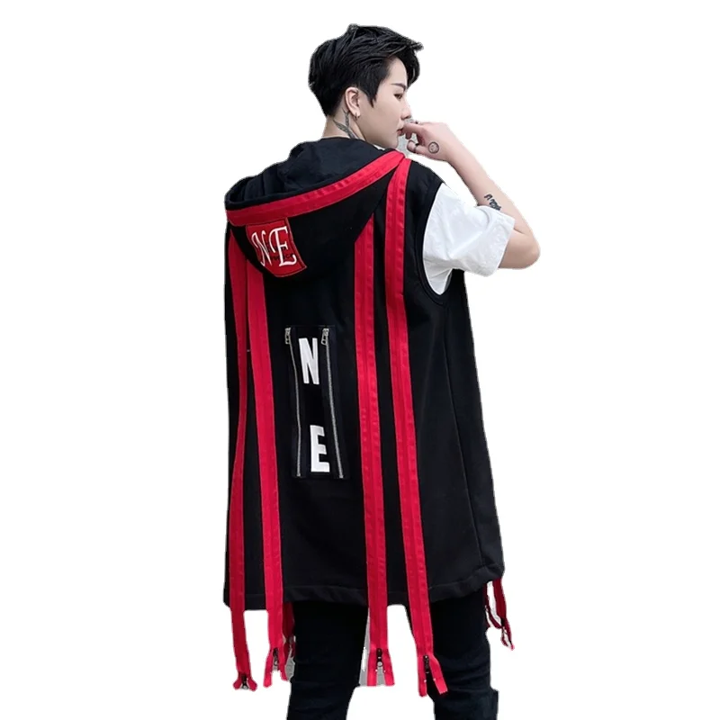 

Spring Summer Men's Zippers Decor Long Casual Vest Coat Hooded Hip-hop Outwear Sleeveless