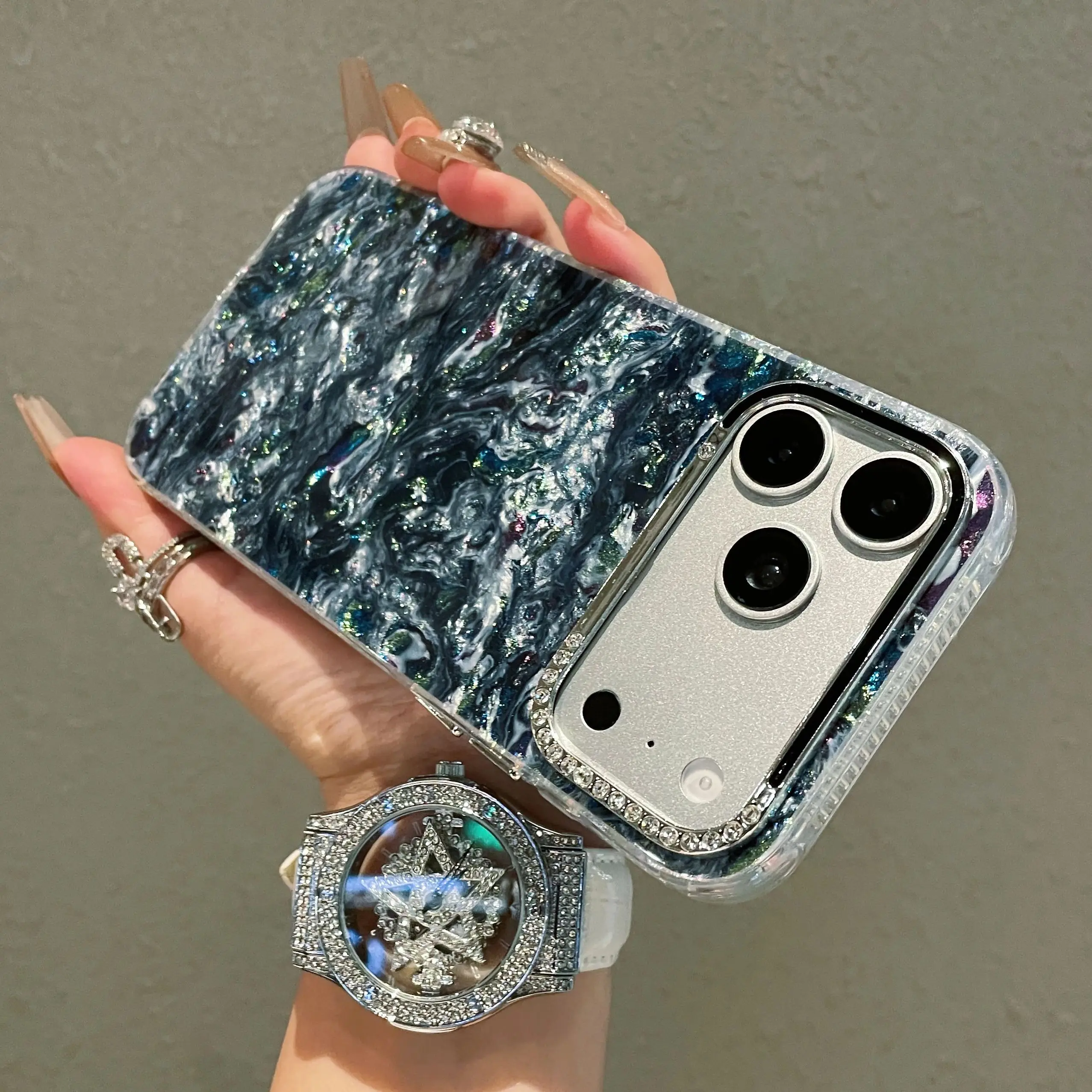 Glamorous Rhinestone Glitter Phone Case with Shell Pattern and Camera Protection