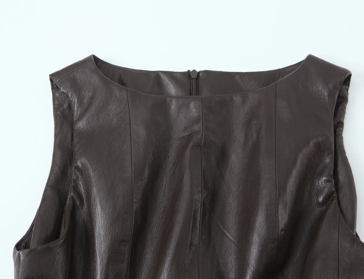 HH Damen 2026 Frühling Neue Mode Ärmelloses Kunstleder-Oberteil im Rock-Stil + Schicker Gürtel mit Saum-Schlitz Lässiger Langer Rock – Detail 12
