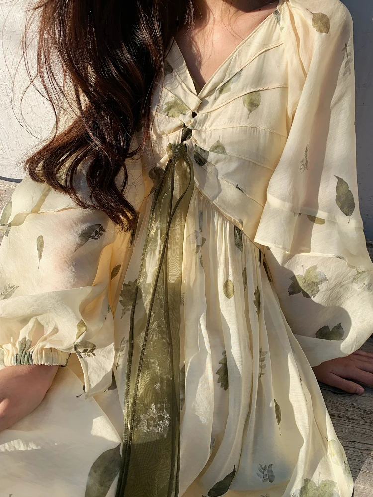 

Frehcn Vintage Floral Midi Dress Office Lady V-Neck Casual Beach Party Dress Women 2023 Summer Chiffon One Piece Dress Korean