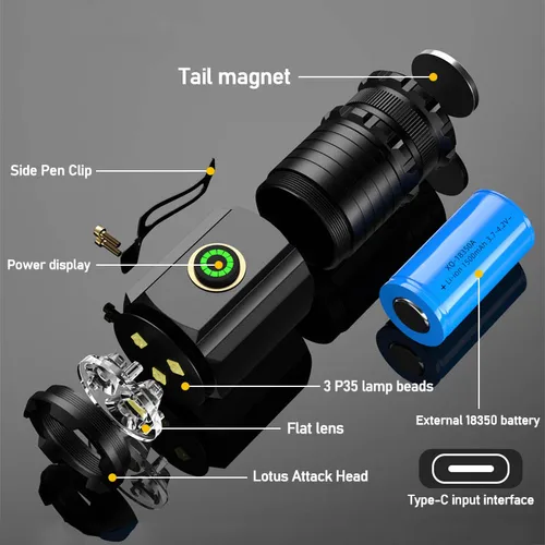 미니 LED 손전등, 휴대용 USB 충전식 내장 배터리, 펜 클립 및 테일 마그넷 포함, 3LED 초강력 플래시 라이트 4