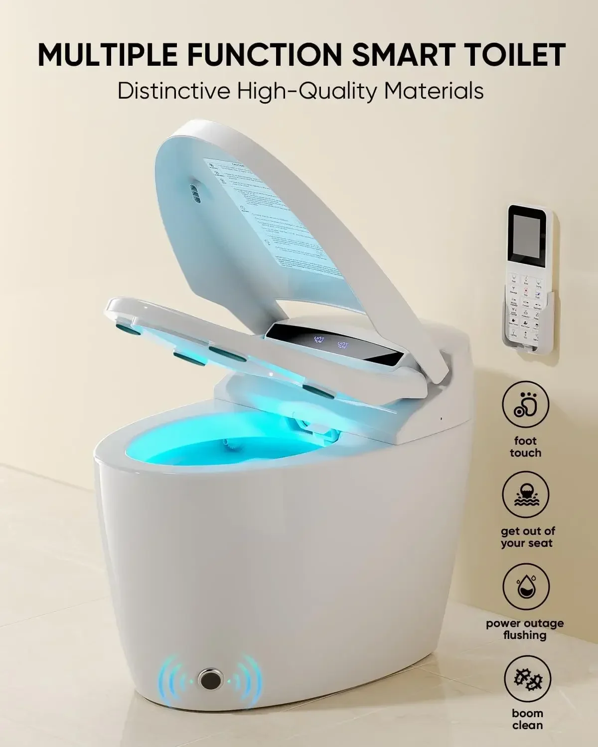 Luxury Smart Toilet with Warm Water Sprayer and Dryer Foot Sensor Operation Heated Bidet Seat Raised Tankless Toilet with LED 4