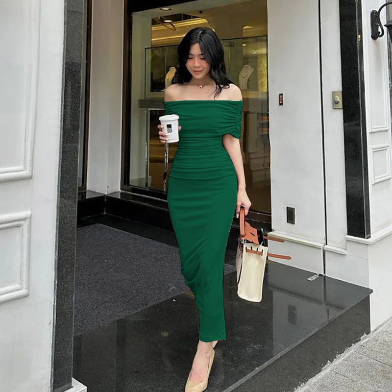 

Fashion High Quality Women Dress Sexy Slash Neck Short Sleeve High Waist Solid Vestidos Elegant Female Bodycon Flods Vestidos