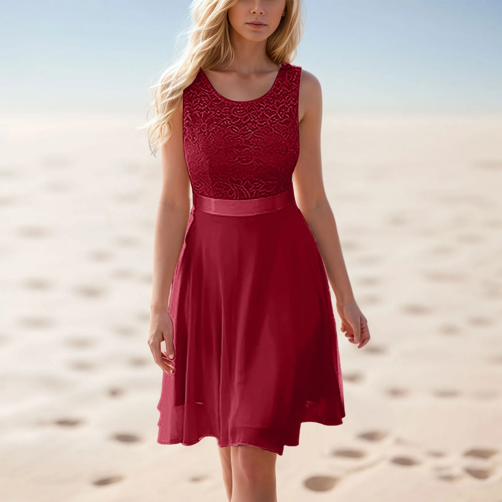 

Женское винтажное платье без рукавов, повседневное однотонное платье с поясом, лето 2024