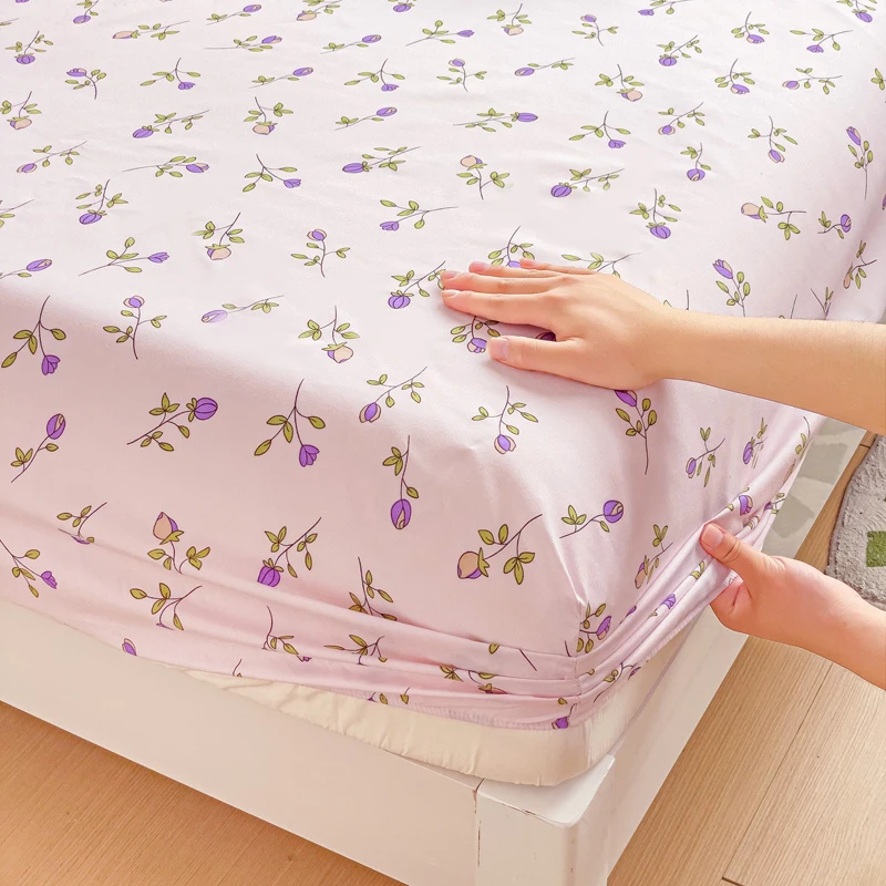 Purple Flower Bed Sheets Single/Queen/King Size Fitted Bed Sheet with Elastic Band drap de lit High Quality Mattress Cover 180 4