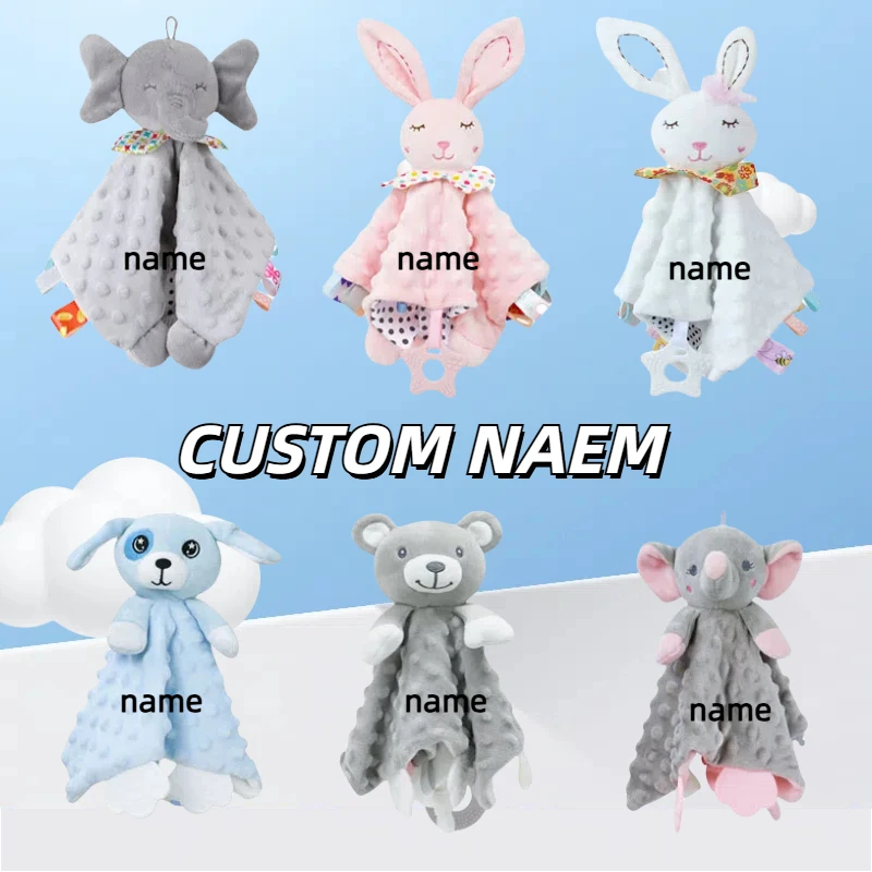 Personalized Baby First Name Comforter Blanket Baby Plush Stuff Sensory Blanket Soothe Appease Towel Snuggle Animals Toy