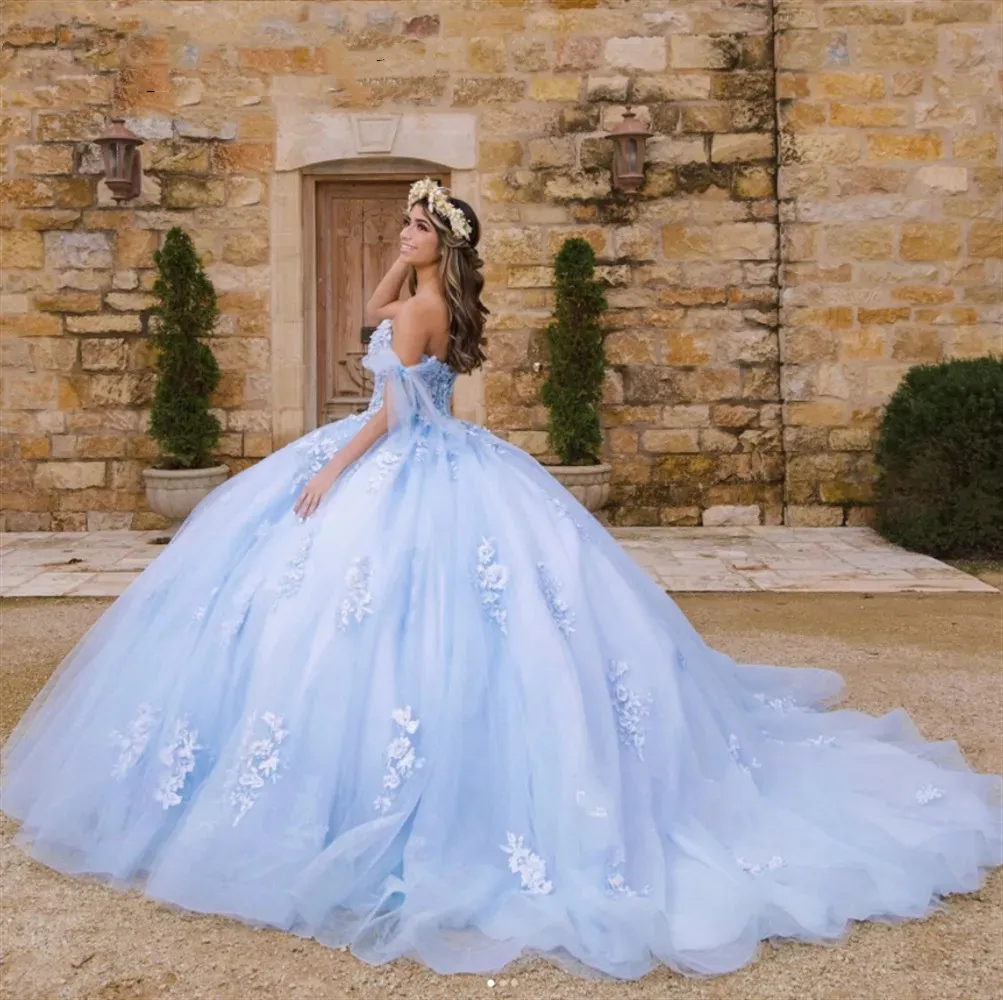 

ANGELSBRIDEP Sky Blue Princess Quinceanera Dresses Lace Appliques Crystal Ball Gown Sweet 16 Dresses Vestidos De 15 Años Corset