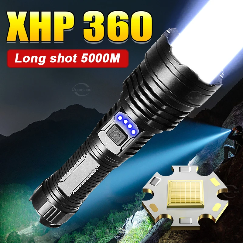 XHP360 High Power Led Flashligths Ultra Powerful Rechargeable Type-c Usb Charging Led Lantern 5 Modes Torch For Outdoor 18650