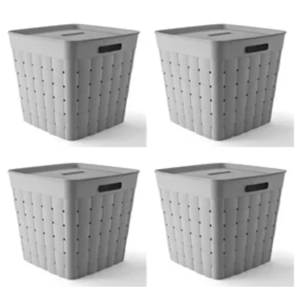 

Your Zone Child and Teen Plastic Wide Weave Gray Stacking Storage Bin with Lid, 4 Pack organizer box