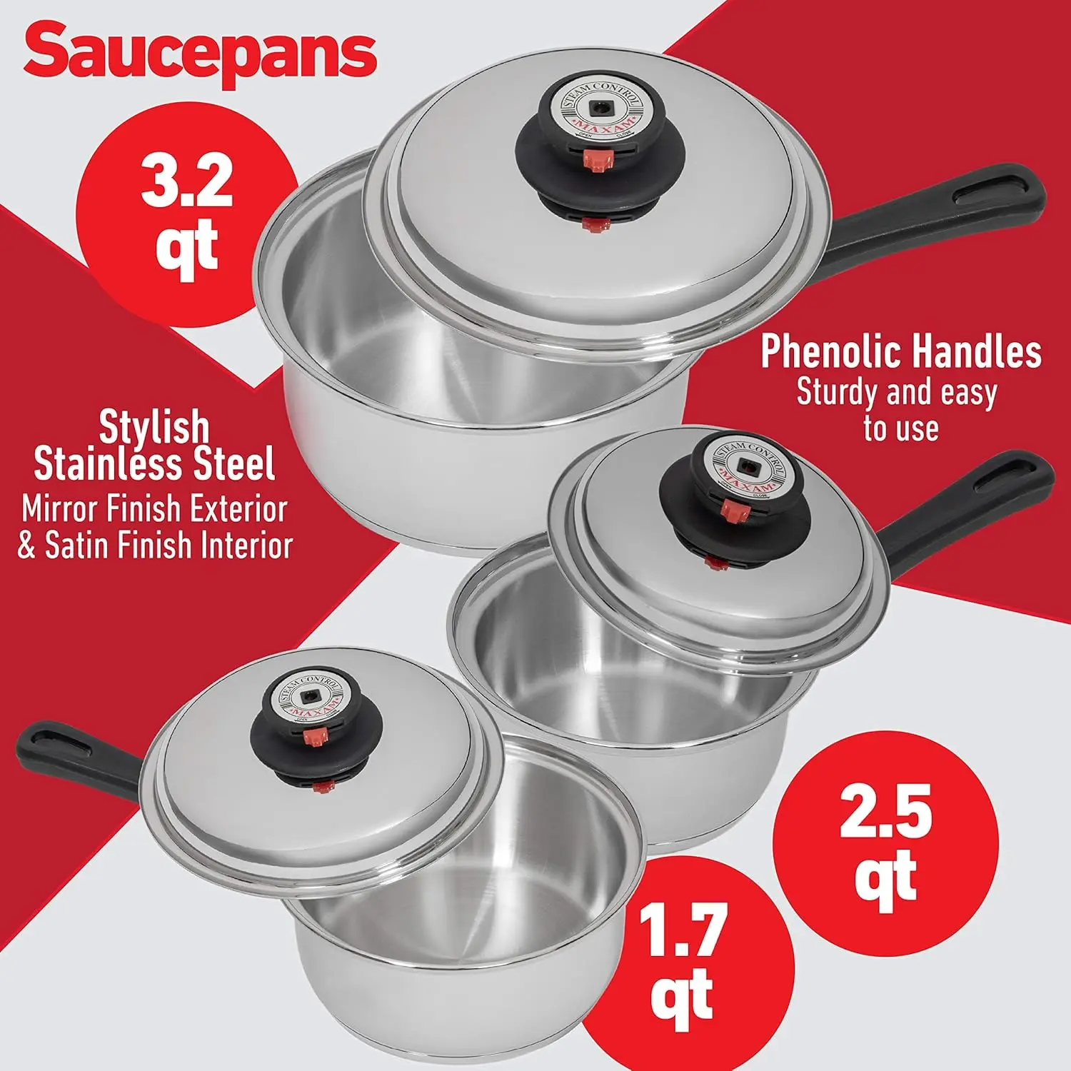 9-Element Waterless Cookware Set, Durable Stainless Steel Construction with Heat and Cold Resistant Handles, 17-Pieces