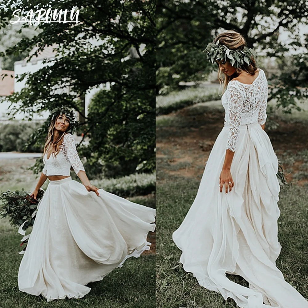 Zwei Stücke drapiert Brautkleid Dreiviertel ärmel aus geschnitten Braut Brautkleid für Braut 2023 maßge schneiderte Schatz
