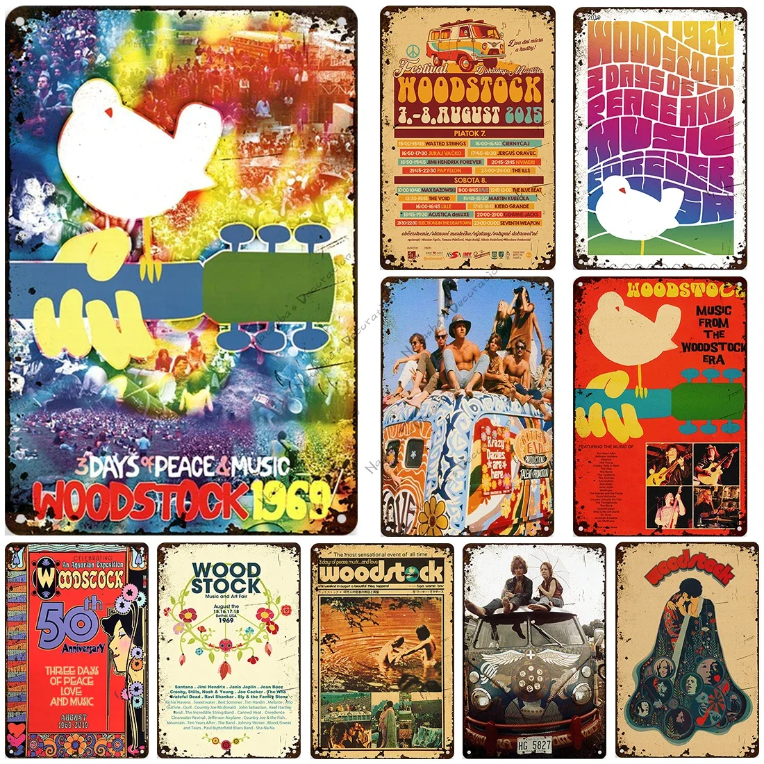 Targa In Metallo Vintage Woodstock 1969 - Decorazione Da Parete 20x30 Cm - Per Bar, Pub E Camerette