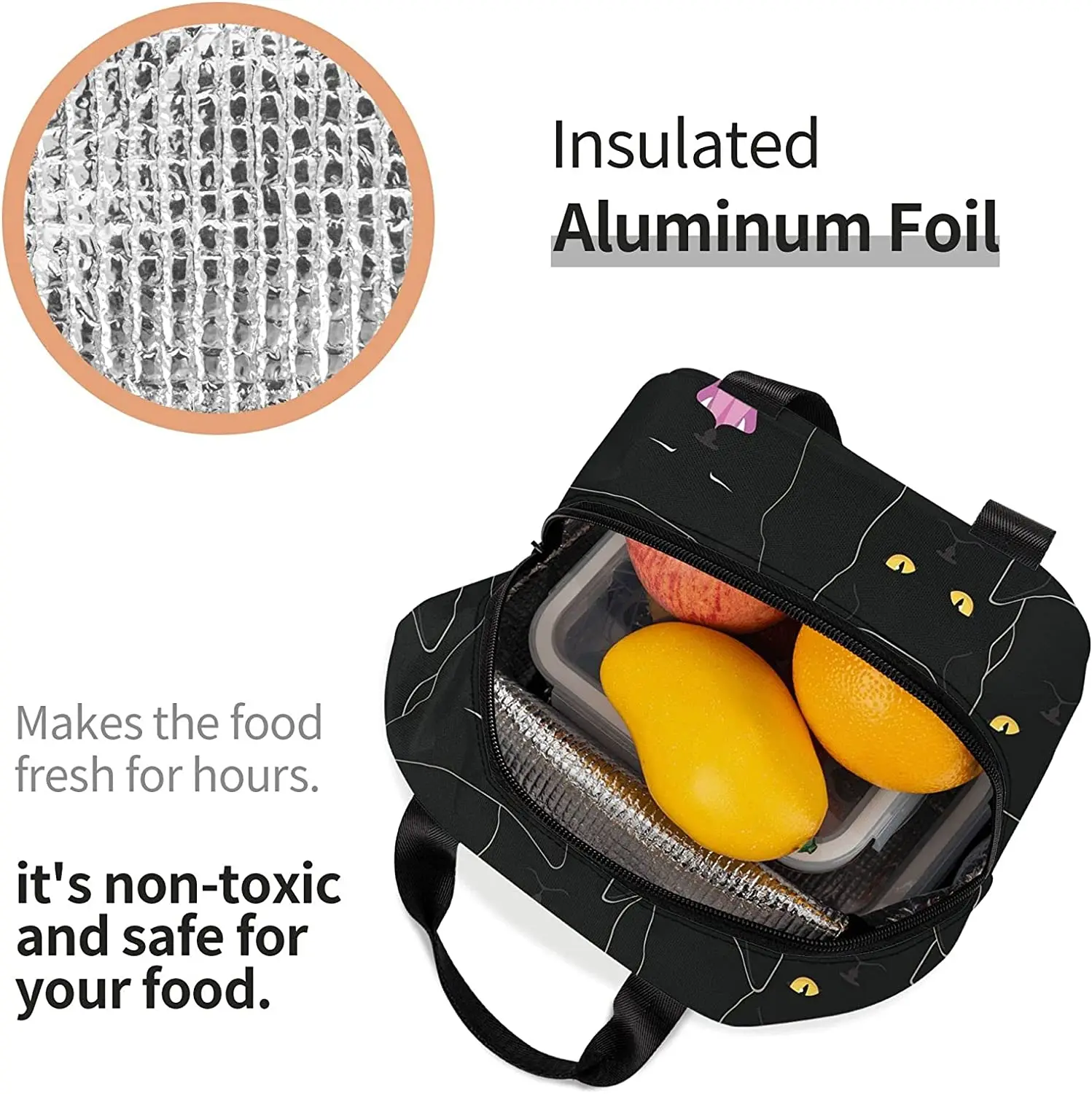 Black Cats Insulated Lunch Bag for Women Men Reusable Leakproof Tote Bag with Front Pockets Cooler Work Office Beach Hiking