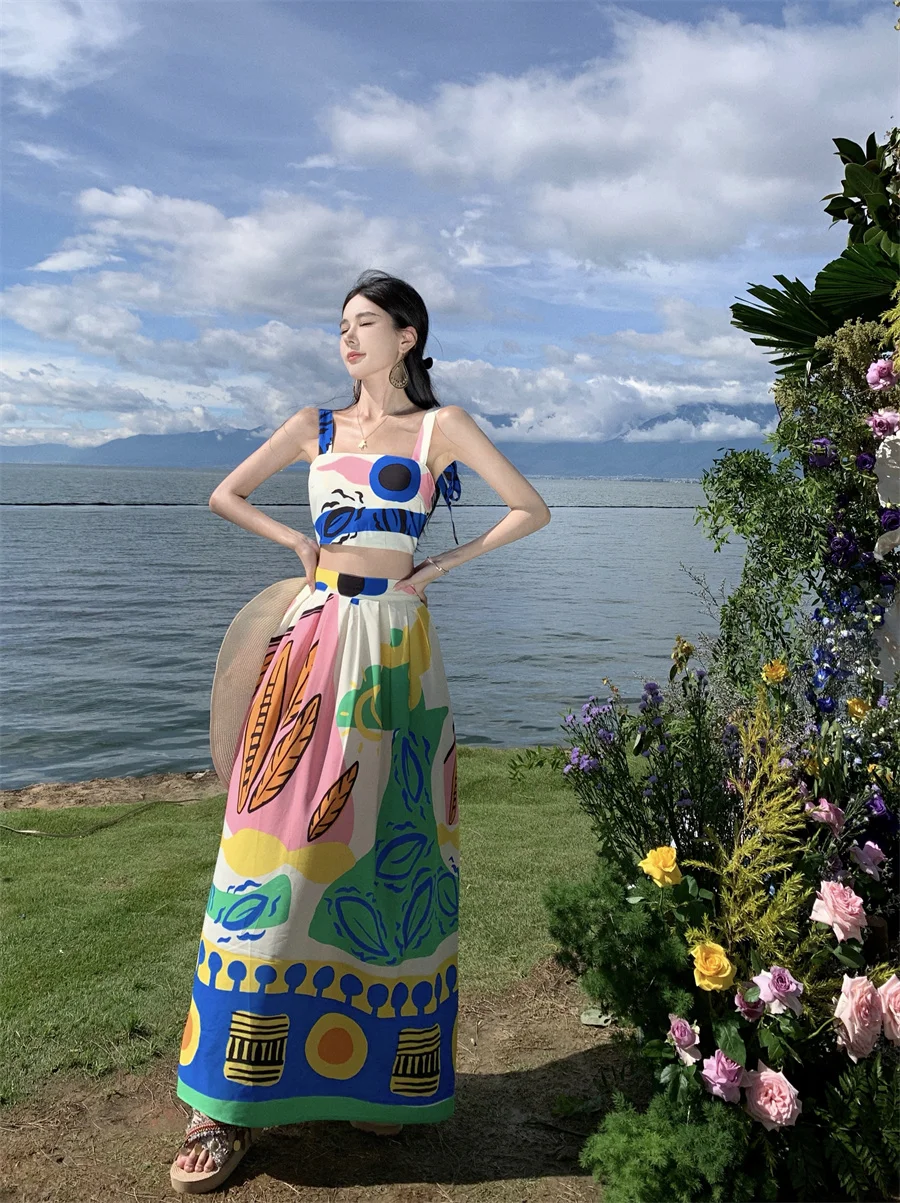 2024 Summer Female Clothes Set Fashion Printing Bohemian Women's Skirts Suits 2 Piece Sets Womens Outfits Sexy Ladies Skirt Suit