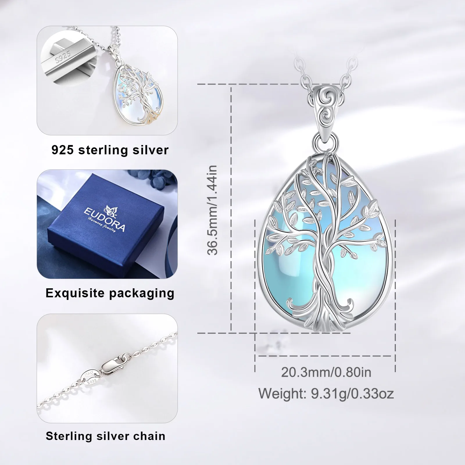 Eudora Original 925 Sterling Silver Tree of Life Necklace for Women Man Temperament Moonstone Charm Pendant Fine Silver Jewelry