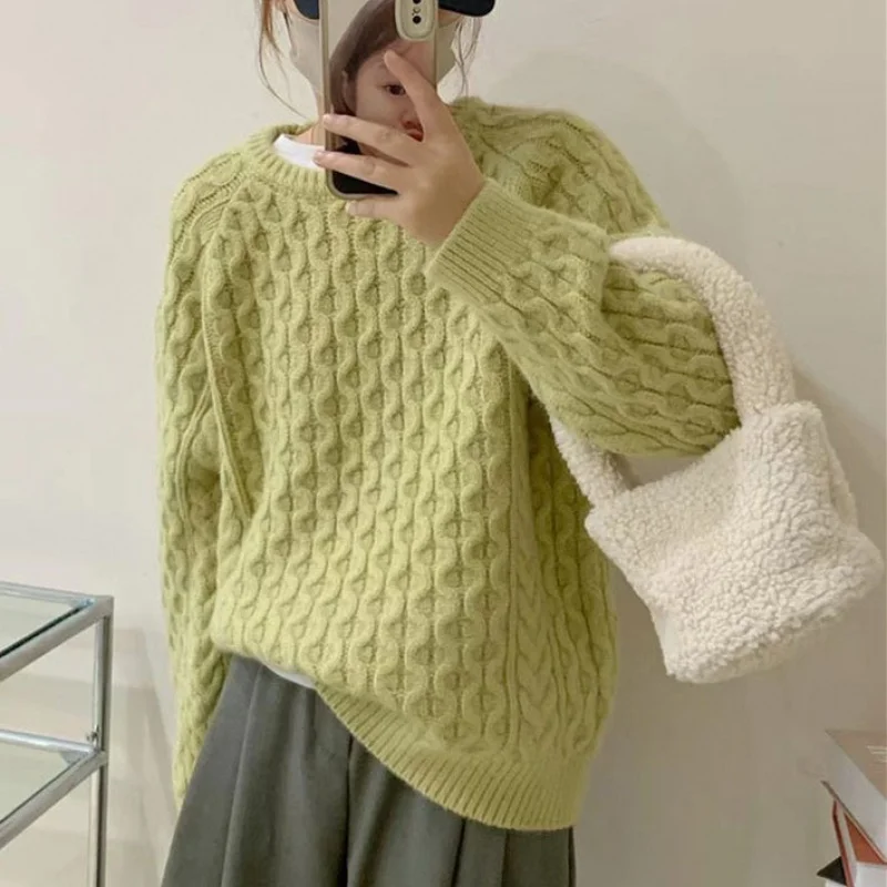 

Japanese Thicken Lazy Style Knitwear round Neck Pullover Loose Solid Color Sweater Women's Outer Inner Wear Top Fashion
