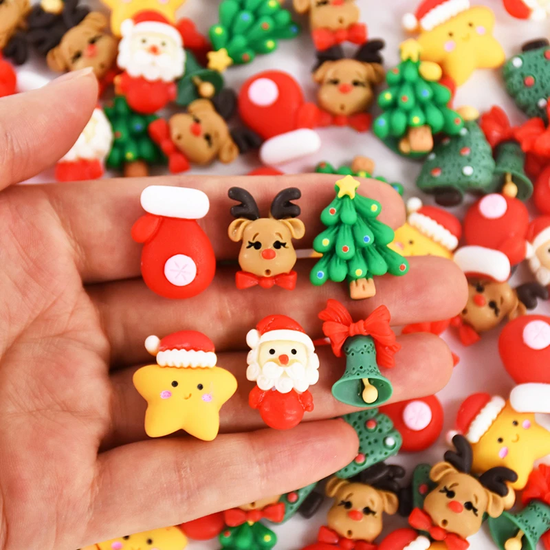 20pcs Mini Christmas Resin Figurine Crafts Cute Reindeer Xmas Tree Santa Claus Flatback Cabochon Ornaments DIY New Year Gifts