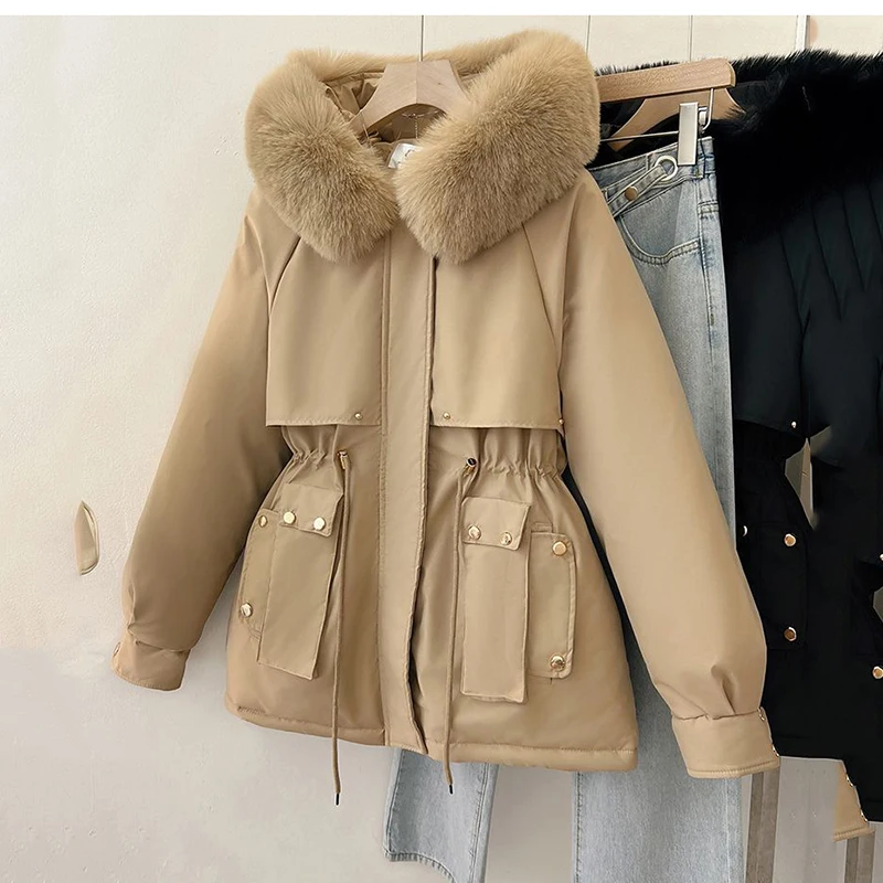 thumbnail image 4 of Parka gruesa con capucha para mujer, chaqueta acolchada de algodón con cuello de piel grande, desmontable, talla grande 3XL, Invierno, 4 of 5