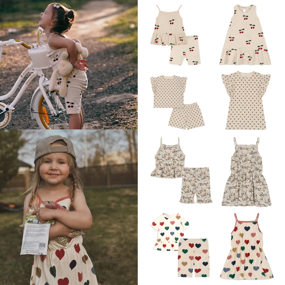 

2024 Summer KS Girls Cherry Print T-shirt Shorts Kids Heart Dresses Children Sling Tops T Casual Outfit Set Baby Romper Clothes